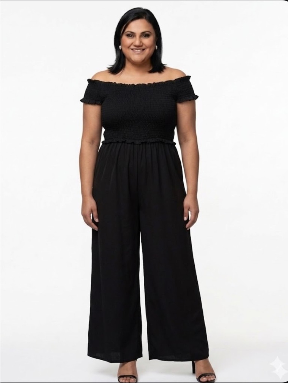 Off-Shoulder Smocked Wide-Leg Jumpsuit — Black